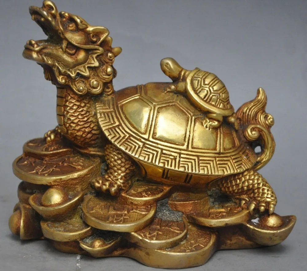 

59@g++5" chinese brass wealth money ingot coin Longevity dragon Tortoise Turtle statue