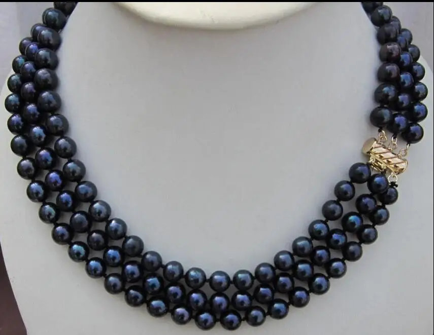 

3 ROW SOUTH AAA 8-9 MM BLACK PEARL NECKLACE 17 INCH YELLOW CLASP
