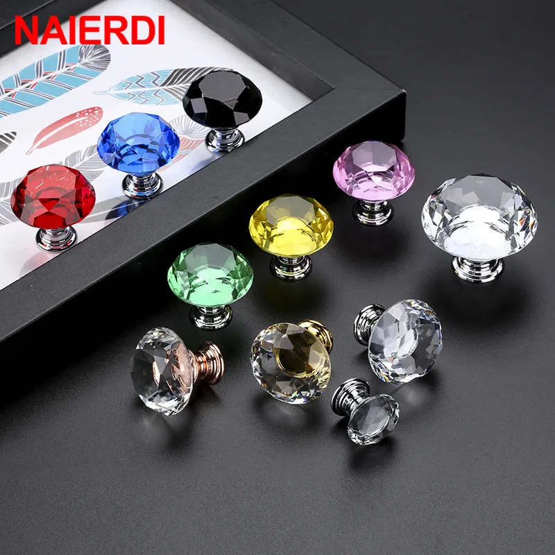 NAIERDI 40mm Diamond Shape Design Crystal Glass Knobs Cupboard Pulls Drawer Knobs Kitchen Cabinet Handles Furniture Handle