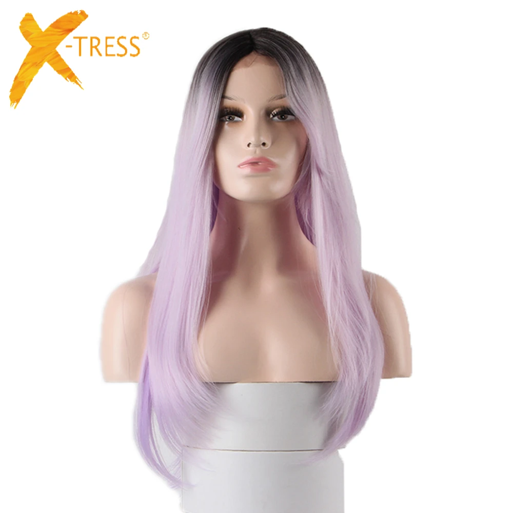 

Ombre Dark Roots Purple Color Long Straight Lace Front Synthetic Hair Wigs For Women X-TRESS Middle Part Lace Wig With Bangs