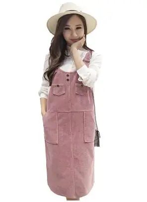 

2019 Preppy Style Corduroy Dress Women Strap Pockets Long Dress Plus Size Vintage sundress Vestidos DV809