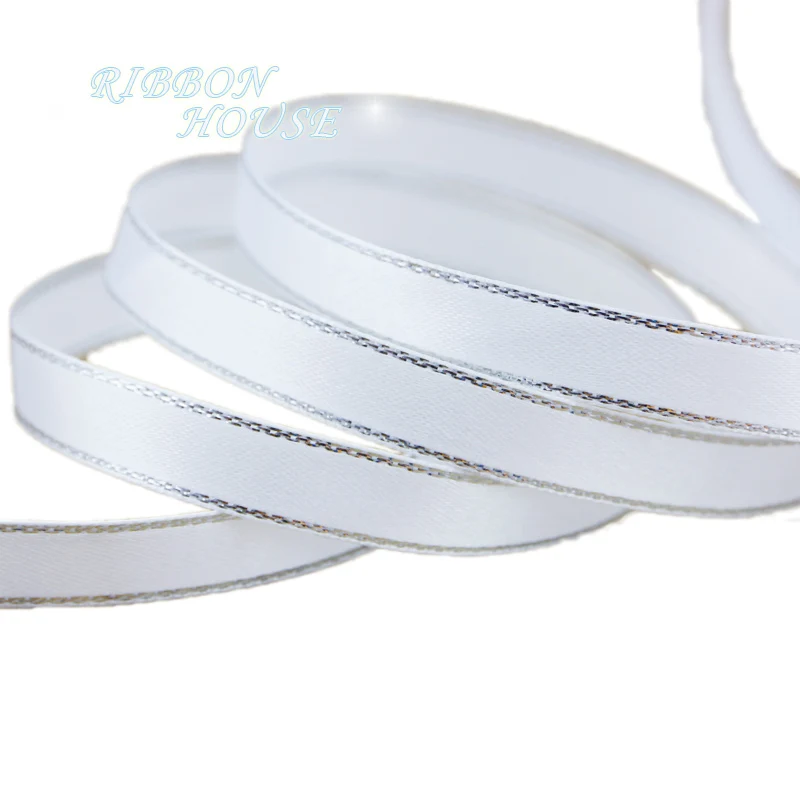 25yards/roll Satin Ribbon White Silver Edge Gift Packaging Christmas 6/10/20/25/40mm