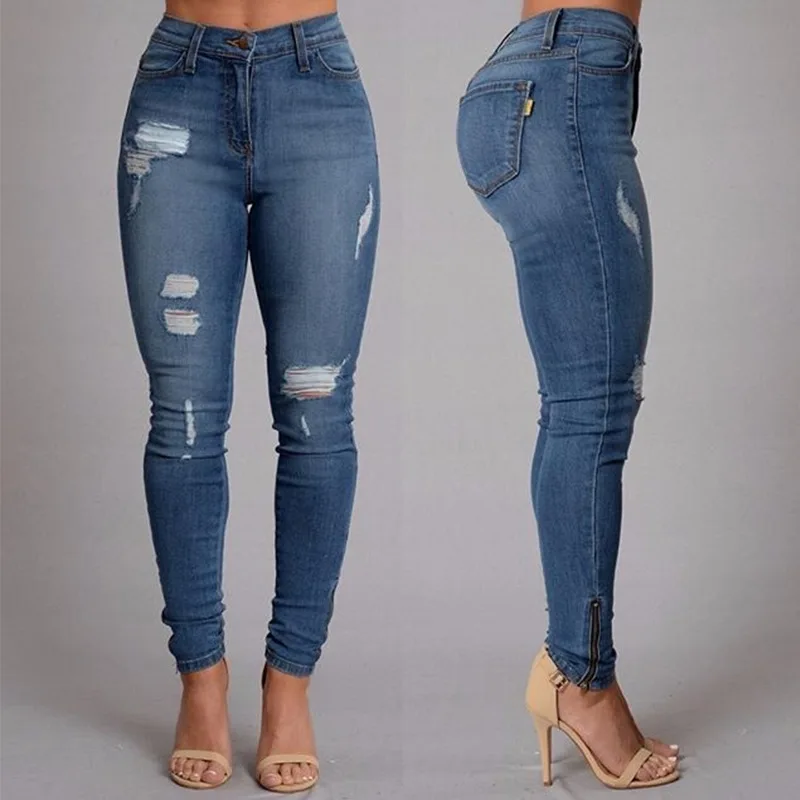 

2019 Newest Elasticity Skinny Jeans Women Push Up Blue Bleached Hole Ripped Denim Femme Vintage Worn-out Pleated Pencil Pants