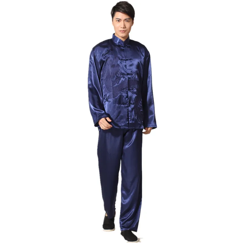 Новый китайский традиционный Для мужчин атласная район кунг-фу костюм в винтажном стиле, с длинным рукавом тай-чи ушу форма Костюмы M, L, XL, XXL