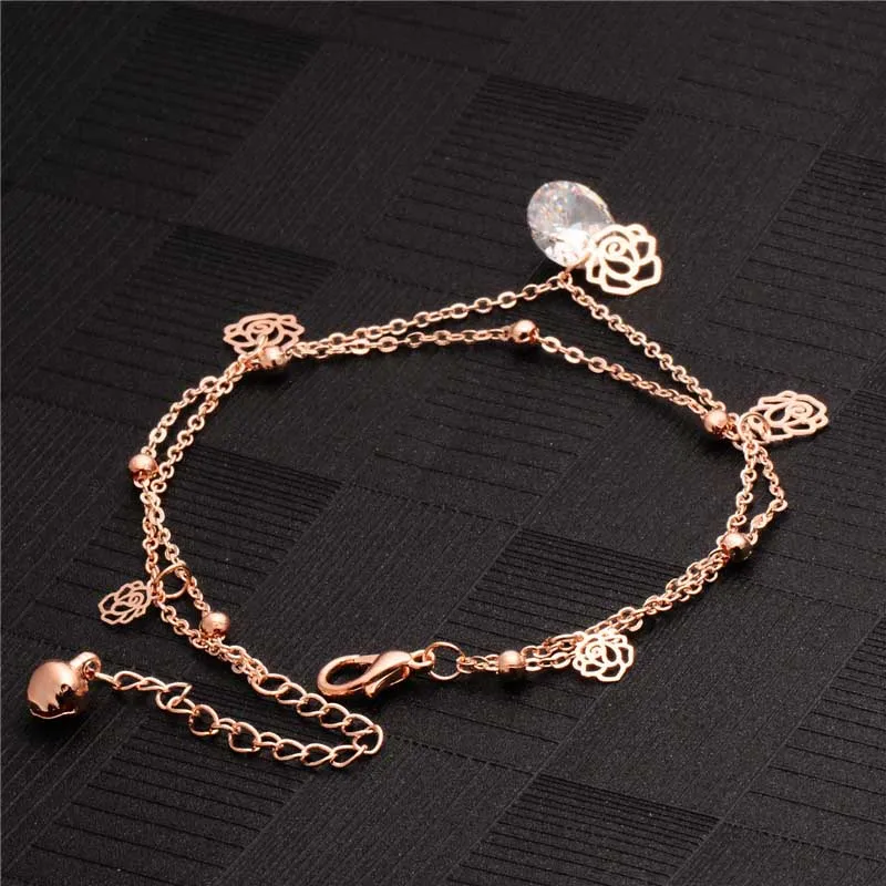 

MISANANRYNE Top Quality 1PC Bohemian Style Gold Color Rose Flower Austrian Crystal Double Chain Tassel Anklets Jewelry Wholesale