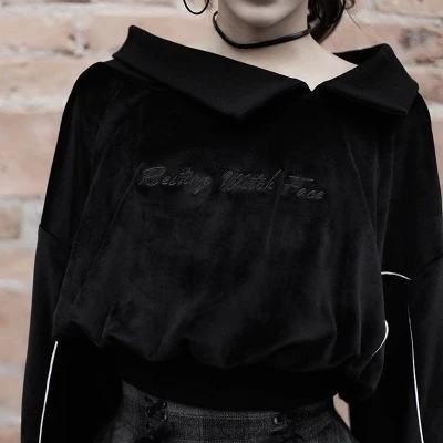 Осенняя Женская толстовка в готическом стиле Харадзюку с вышитыми буквами и рукавами-фонариками; черная бархатная Толстовка в стиле панк; пуловер с капюшоном; Femme - Цвет: Черный