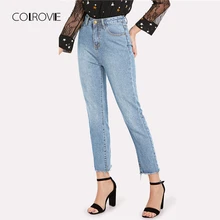 COLROVIE синие повседневные однотонные потертые джинсовые джинсы осенние рваные джинсы с высокой талией женские брюки весенние джинсы бойфренды