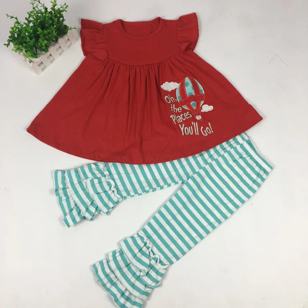 

Puresun Spring Summer Set Girl Embroidery Print 2pcs Set Children Boutique Red Dress Striped Tripple Ruffle Pants