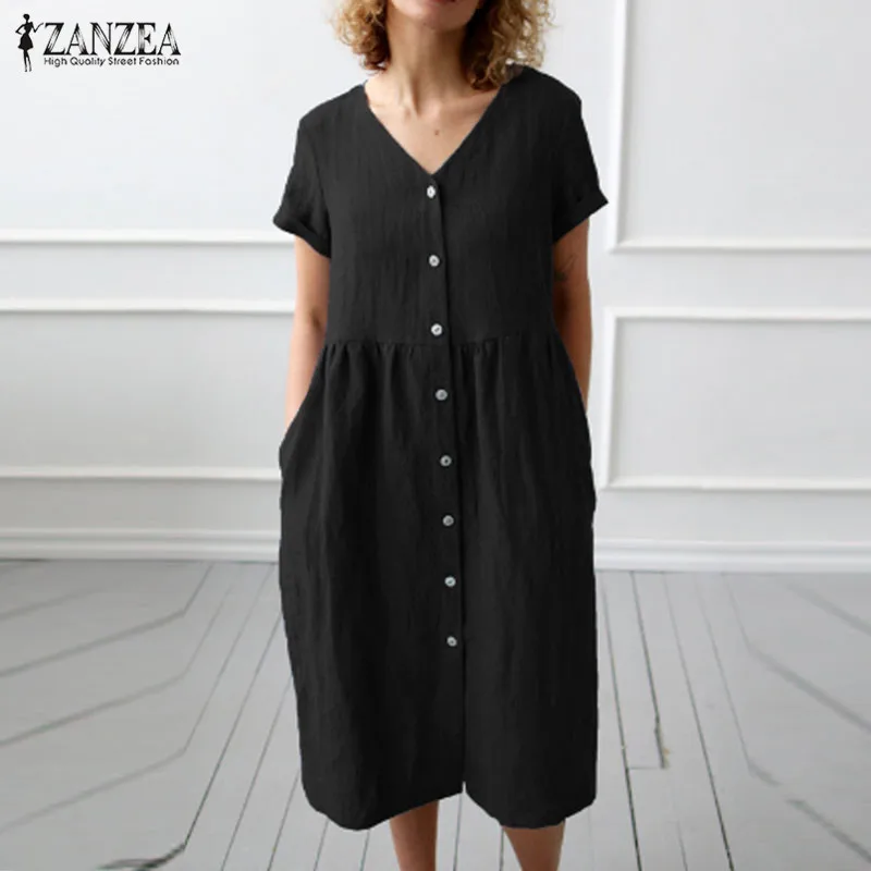 ZANZEA летнее хлопковое льняное платье для женщин Элегантный v-образный вырез короткий рукав рабочий сарафан, женский халат пуговицы вниз рубашка Vestido 5XL