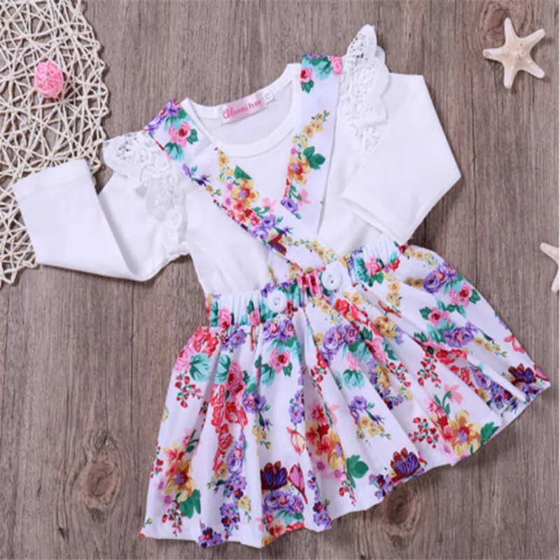 Baby Girl Set 1pc White Bodysuit Lace Long Sleeve + 1pc Dress Floral Print Infant Toddler Girls Clothes Cute Photography Costume