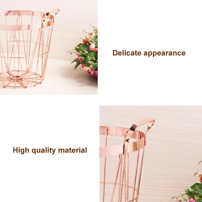 

Rose Gold Round Iron Wire Storage Basket with Handles for Kitchen Bathroom HTQ99