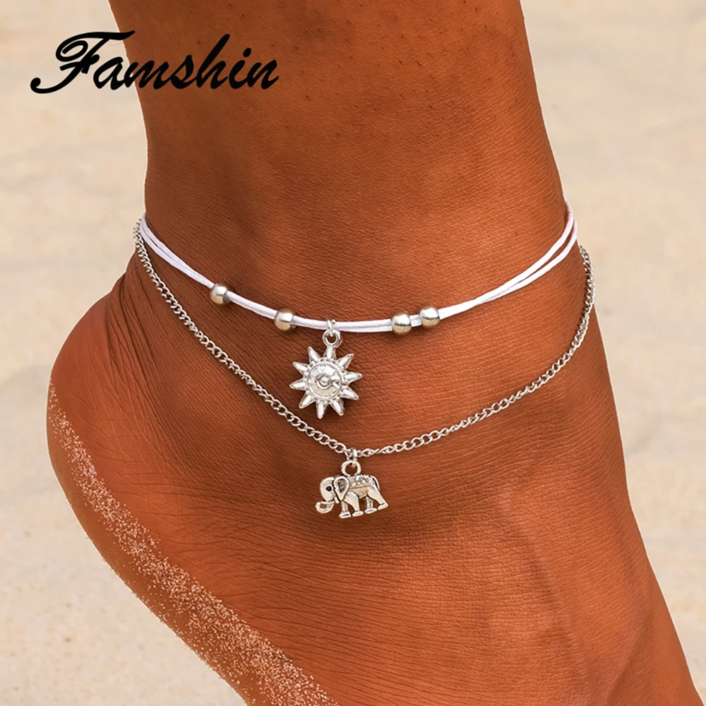 

FAMSHIN Fashion Vintage Star Elephant Anklets Bracelet For Women Boho Pendent Double Layer Anklet Bohemian Foot Jewelry Gift