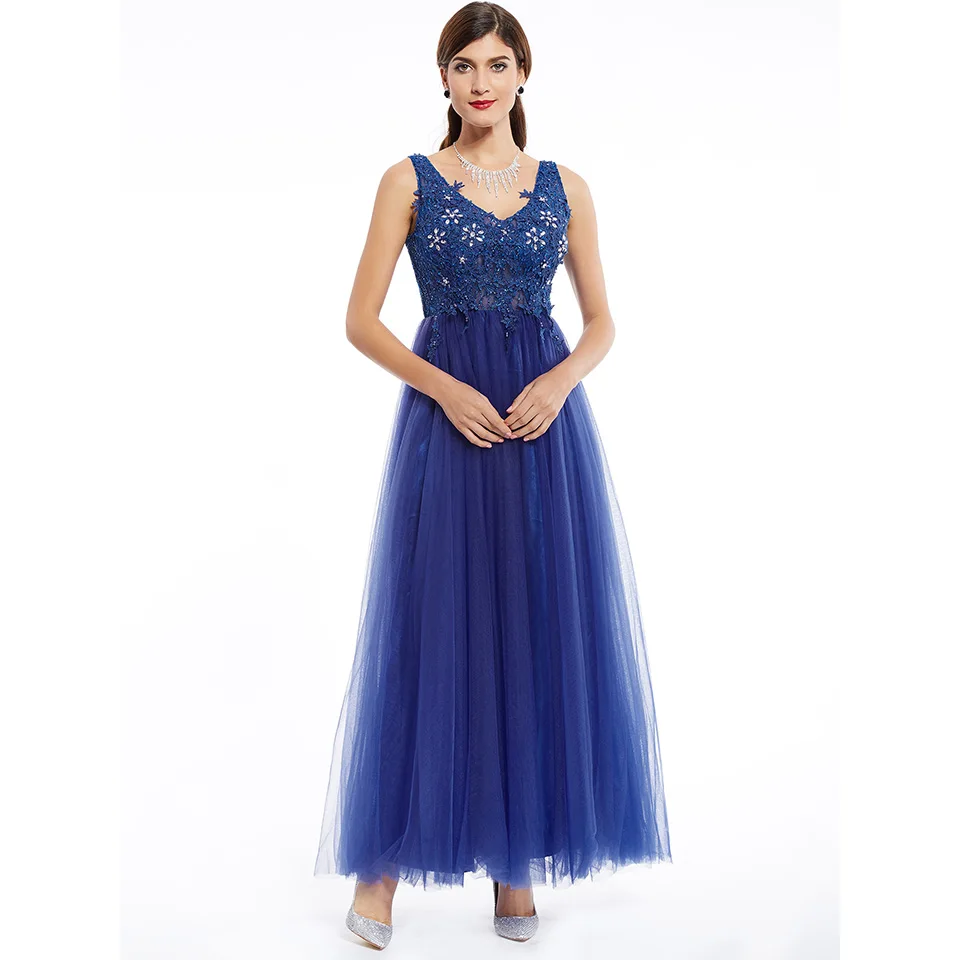 Vestido de Noite sem Mangas Festa de Casamento Linha de Vestidos de Noite Dressv Escuro Azul Royal Apliques v Pescoço Longo Barato Vestido Formal Uma