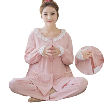 

Cotton Maternity Nursing Pajamas Set Long Sleeve Breastfeeding Top Shirt+Pregnancy Pants Sleepwear for Pregnant Women Home Wear
