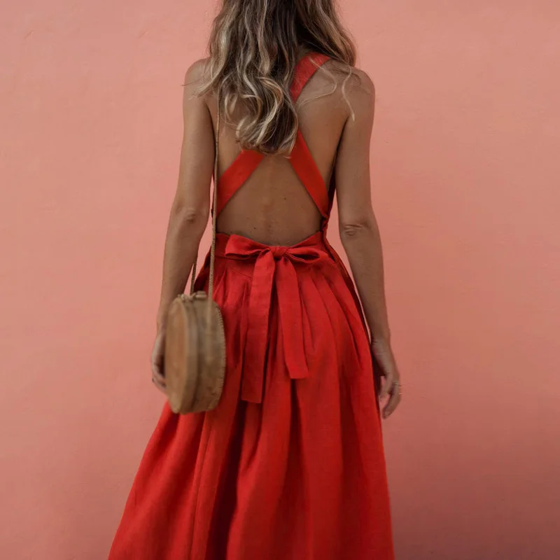 

Women Dress Ladies Beach Summer Solid Vintage Fashion Party Loose Retro Midi Casual Backless Sundress Sling Boho