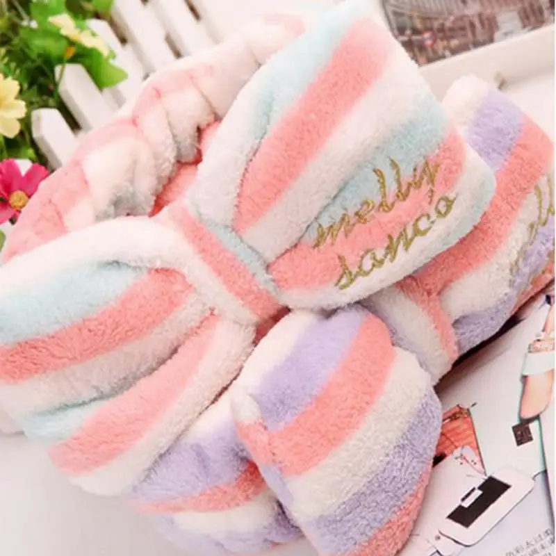 

1 PC Soft Coral velvet Elastic Headwrap Sweet Big Bow Headband Spa Make Up Hairband Stripe Hit Colors Washing Hair Use Snood