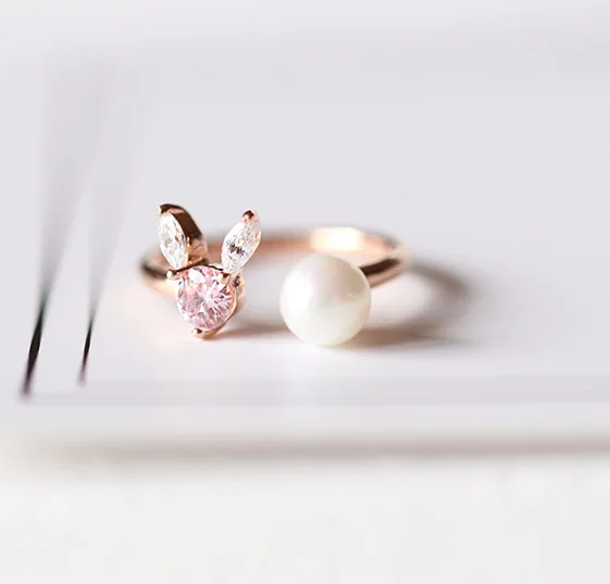 pink cz rabbit pearl open ring 100% Sterling 925 silver Jewelry Vintage Adjustable rings for women girl gift