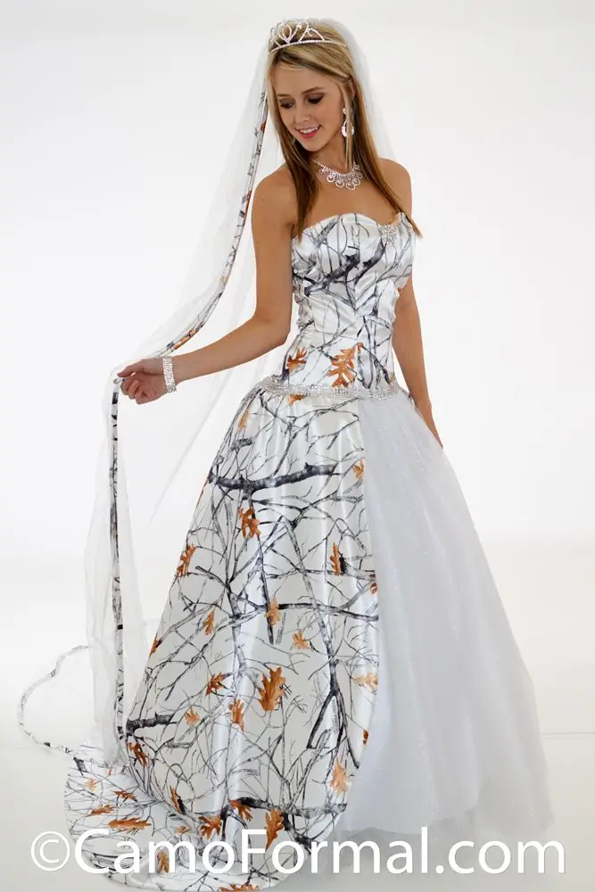 White Snow Camo Wedding Dresses 2017 with Glitter Net