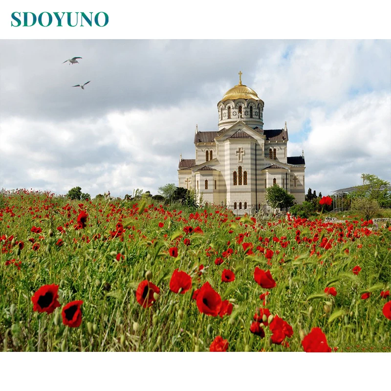 

SDOYUNO Picture Frame DIY Painting By Numbers Kit Flowers Castle Acrylic Paint On Canvas Paint By Numbers For Living Room Art