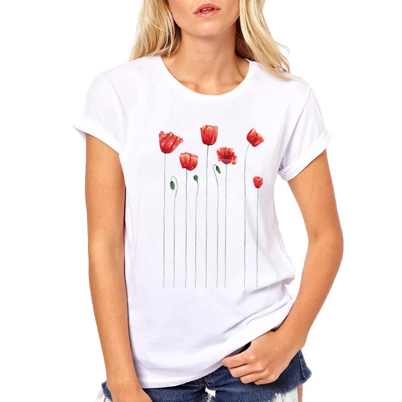 

watercolor poppies Flowers printed white T Shirt Summer Hipster Women T Shirts Casual Tops Cute short sleeve t-shirts for girl