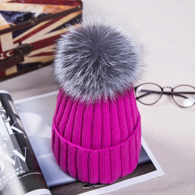 Veydu Fashion Winter Fur hats for Women and Men 100 Real silver fox Pompom Knitted Beanies
