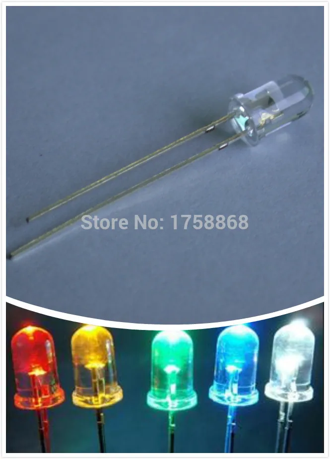 

500pcs 5 mm Ultra Bright Five Color(White/Red/Green/Blue/Yellow)3V DIP Round 5mm Lamp LED Diode Light Kit each 5 Values =500pcs