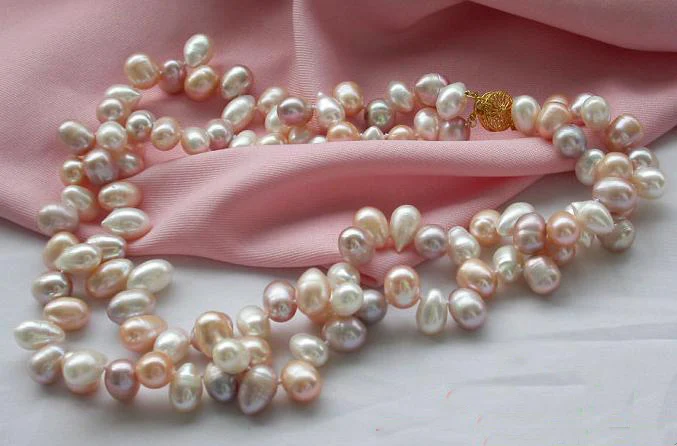 

2Rows 18'' 10-15mm Rice Drip White Pink Lavender Freshwater Cultured Pearl Necklace,Perfect Women Wedding Birthday Party Gift