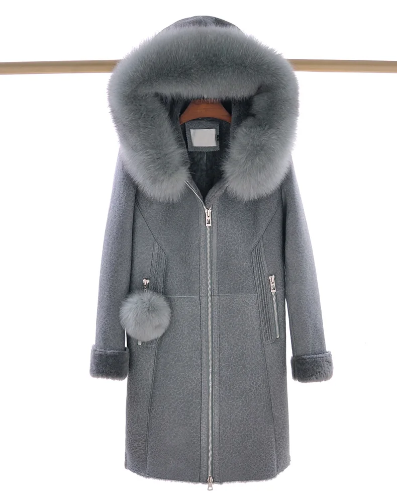 New Arrival Real Sheepskin Lady Coat With Fox Fur Collar With Long Sleeve Zipper Elegent Style Thick Warm Fur - Color: Blue