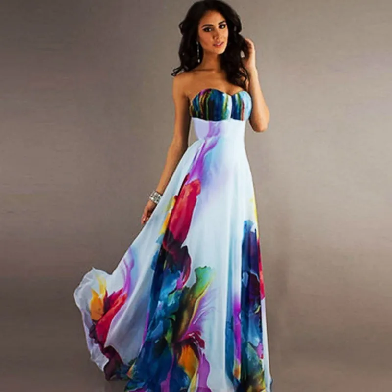 

Print Bohemian Dress Women Summer 2019 Colorful Strapless Sexy Dress Ladies Backless A Line Floor-Length long Dresses For Women