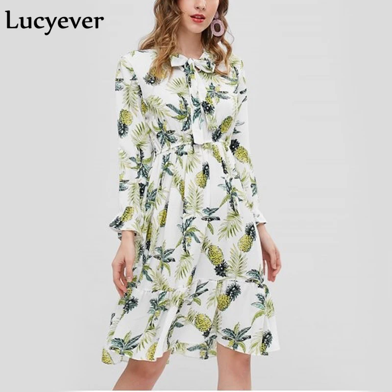 

Lucyever Elegant spring women boho dress long sleeve print pineapple floral bow midi dress fashion A-line female beach vestidos