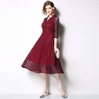 

New 2019 European American Style Women Dress Vestidos Fashion Slim Slimming Temperament Lace Party A-line Medium Long Dress N889