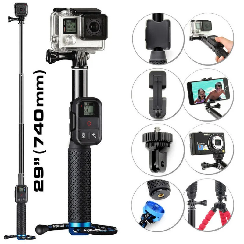 

QIUNIU 29'' Aluminum Extendable Monopod Pole + Phone Clip Holder + Wifi Remote Clip Mount for GoPro Hero 7 6 5 4 Session 3+ 2018