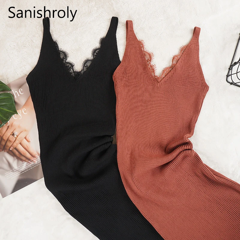 

Sanishroly Summer Slim Spaghetti Strap Dresses Women Lace Patchwork Knitted Dress Ladies V-Neck Backless Tank Dress Vestidos 590