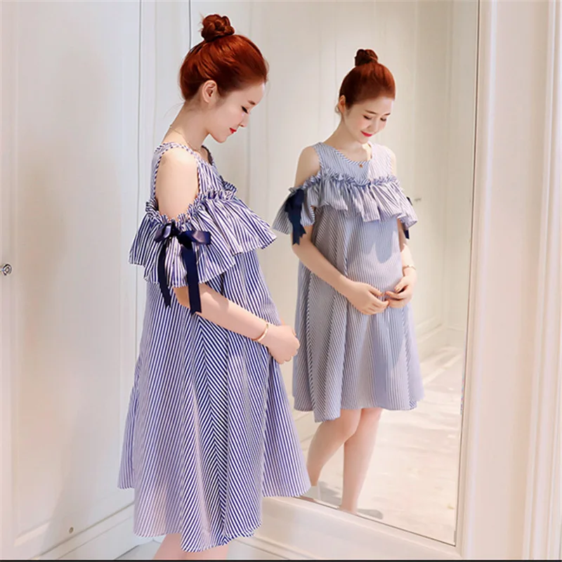 

2018 Summer Maternity O Neck Off Shoulder Ruffles Striped Dresses Pregnant Women Mini Cotton Elegant Dress For Pregnancy Clothes