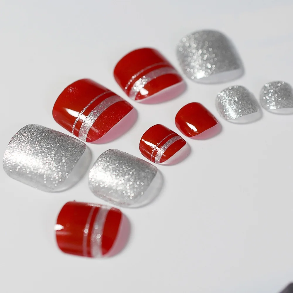

Shiny Silver Gliter French Fake Toenails Press on Sticker Artificial Acrylic Red False Toe Nails Tips Foot Decor Manicure Tool