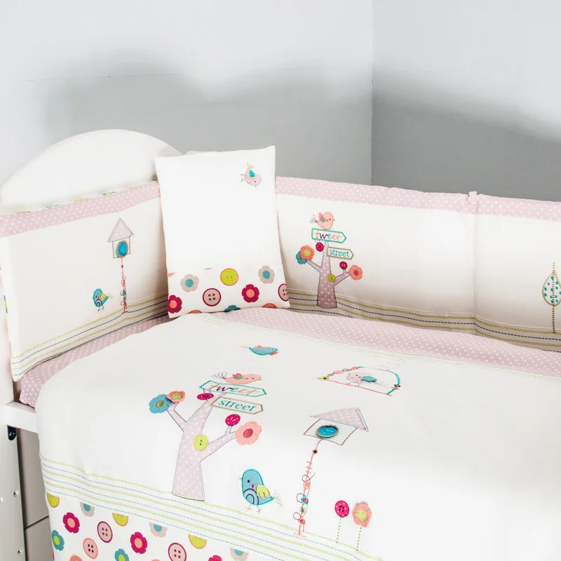Pink Embroidery bird flowers baby bedding set quilt pillow bumper bed