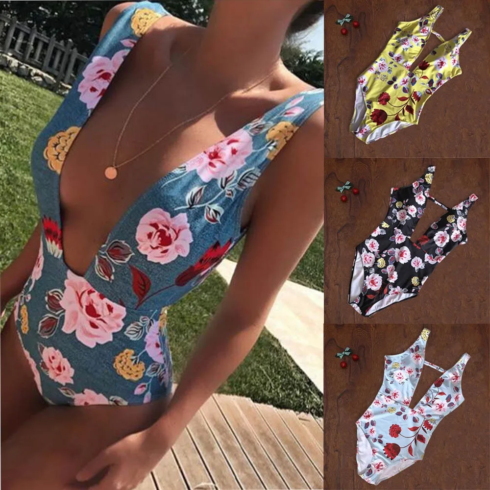 

MUQGEW 2018 Sexy One Piece Swimsuit Women Swimwear Floral Bodysuit Bandage Summer Beach Bathing Suit Push-Up Monokini Swimsuit