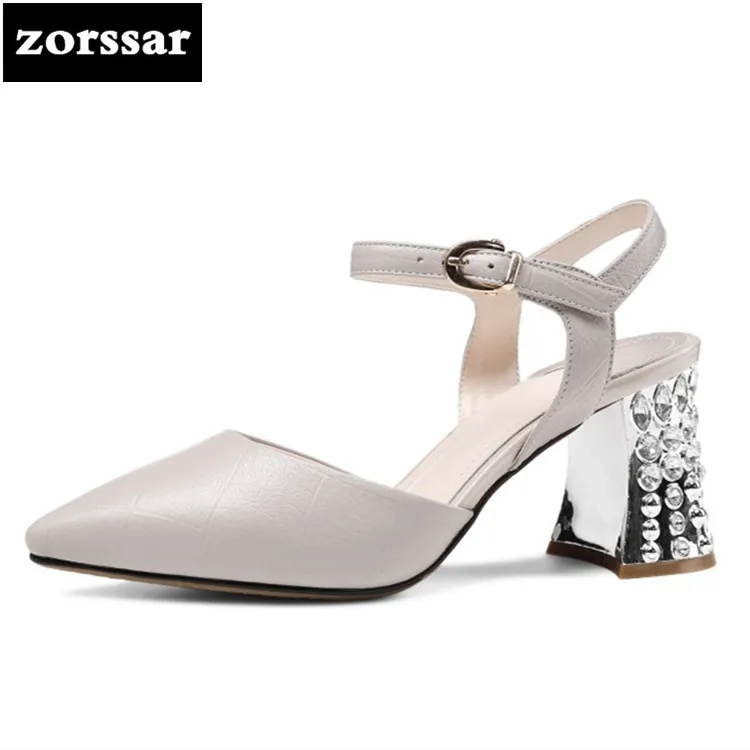 

{Zorssar} Genuine Leather Ankle Strap Women Sandals Heels Summer Shoes Women Pointed toe Sandals Rhinestone Party Dress Shoes