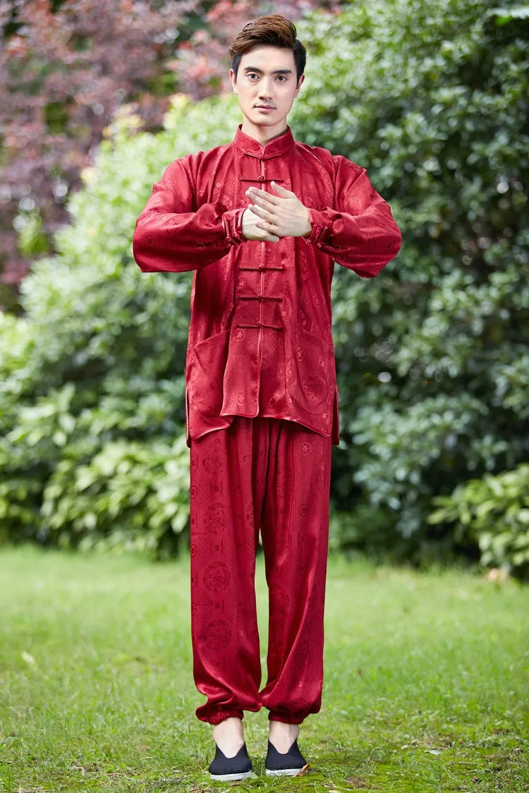 Винтаж бордовый китайский Для мужчин Кунг Фу форма хлопок Тай Чи Ву костюм для у-шу с длинным рукавом Костюмы Размеры m-xxxl NS015