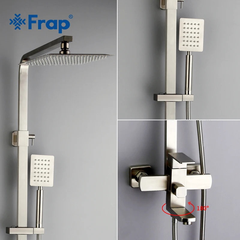 Comprar Frap new Pared de lujo montado ducha de lluvia de acero inoxidable grifos Set sistema fría y agua caliente cabeza de ducha de mano cuadrada f2421
