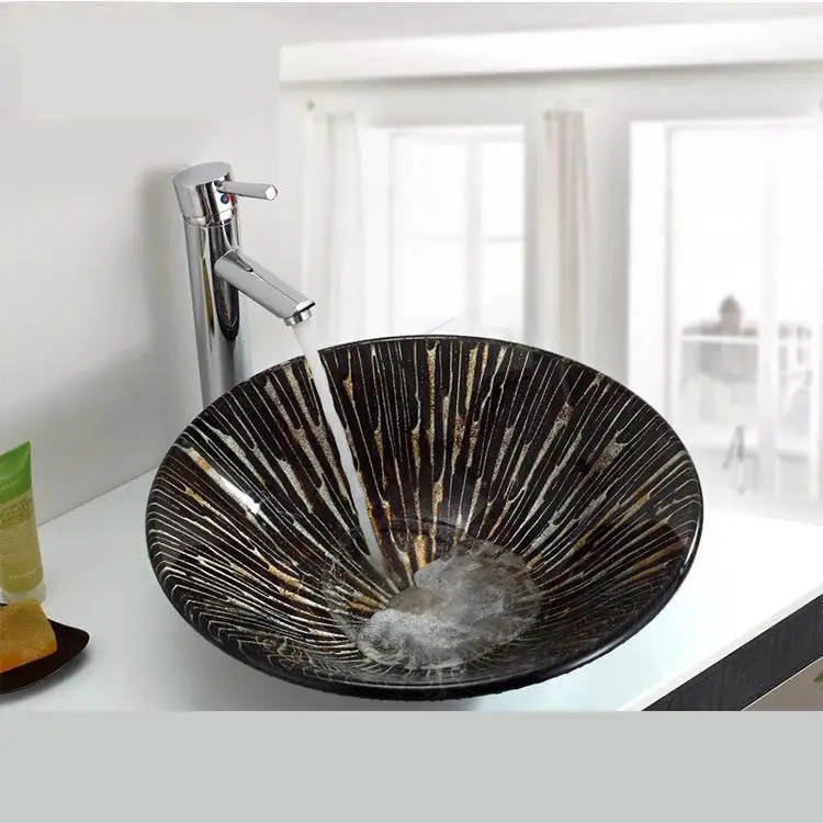 

Luxury Black & white Glass basin sink bowl with Matching chrome stand Tap