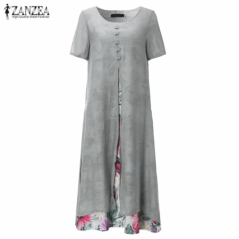 ZANZEA Vestidos, Осеннее женское платье, винтажное, с цветочным принтом, макси, длинное платье, с коротким рукавом, с разрезом, повседневные, свободные платья размера плюс