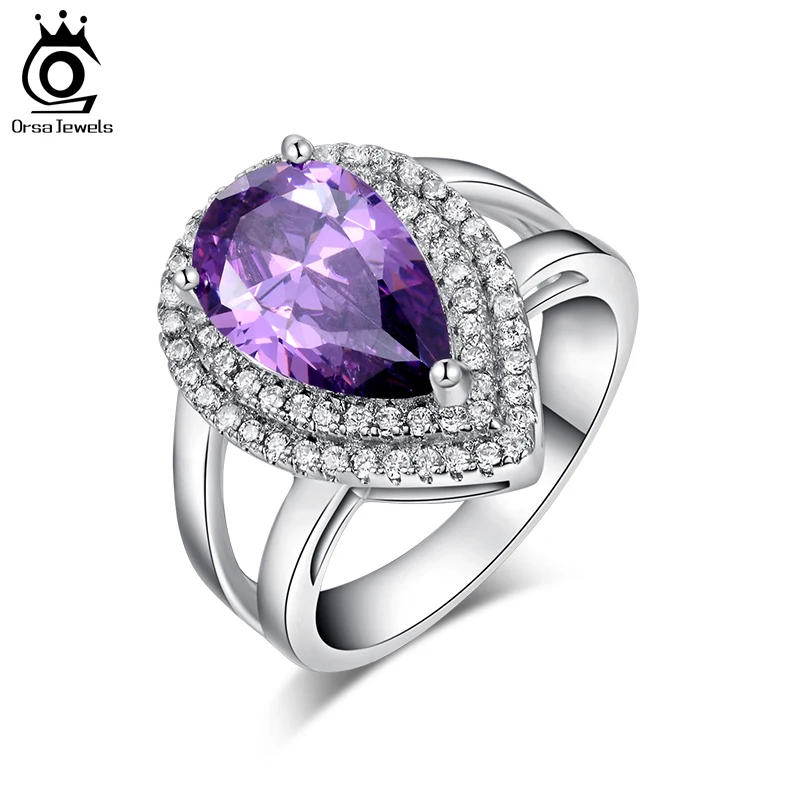 ORSA JEWELS Big Water Drop 6 ct Zircon Ring 3 Prong Setting with Micro Paved CZ Stone Around Trendy Party Rings for Women OR36