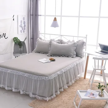 

Luxurious 3pcs bedding sets Korean Palace Princess Lace style lace gray Folds bed skirt pillowcase sets adult/girl home textile
