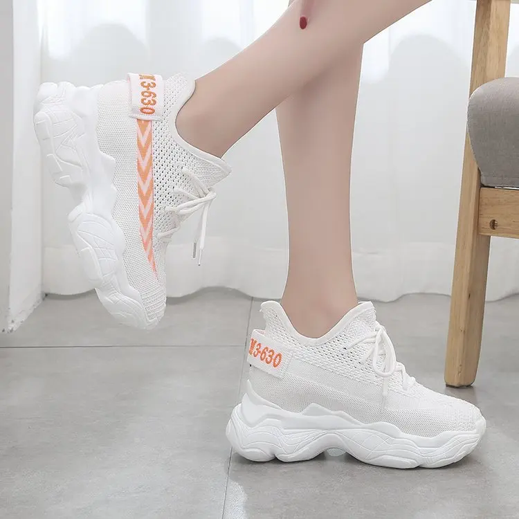 

White Height Increasing Chunky Sneakers Woman Slip on Platform Casual Shoes Tenis Feminino Comfy Knit Breathable Sneakers AS-20