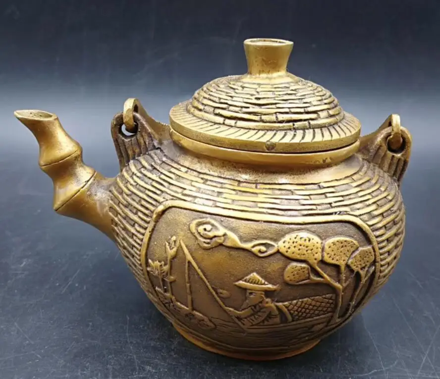 

China Collectible Culture brass Relievo Delicate Decor Noble Teapot
