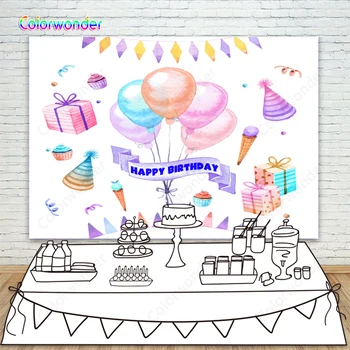 

Oil Painting Picture Backgroud Colorful Balloons with Flags and Gifts Photography White Birthday Backdrops for Baby Shower Prop