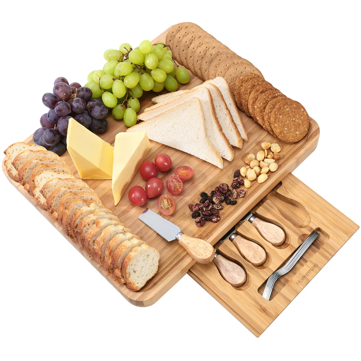 

HOMEMAXS Cheese Board with Cutlery Set Charcuterie Platter Serving Tray with Slide-Out Drawer Wooden Wine Crackers Brie and Meat