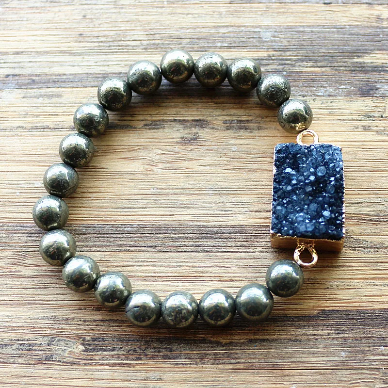

Natural Stone Jewelry 8mm Natural Pyrite Stone & Quartz Druzy pendant bracelet for women