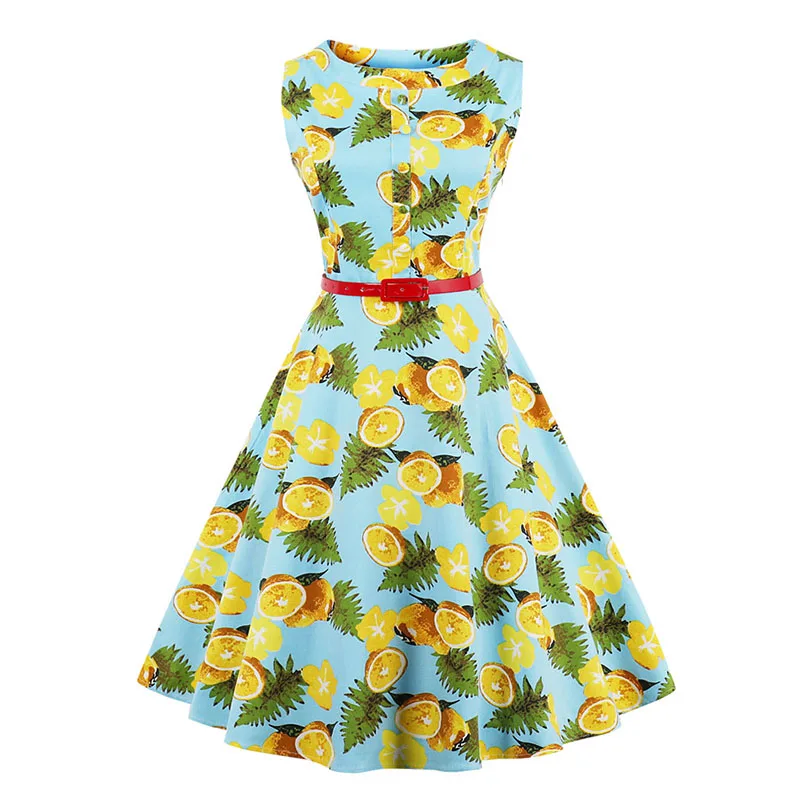 Kostlich 2018 Belt Tunic Women Summer Dress Sleeveless O-Neck Hepburn 50s 60s Vintage Dress Print Elegant Party Dresses Sundress (14)